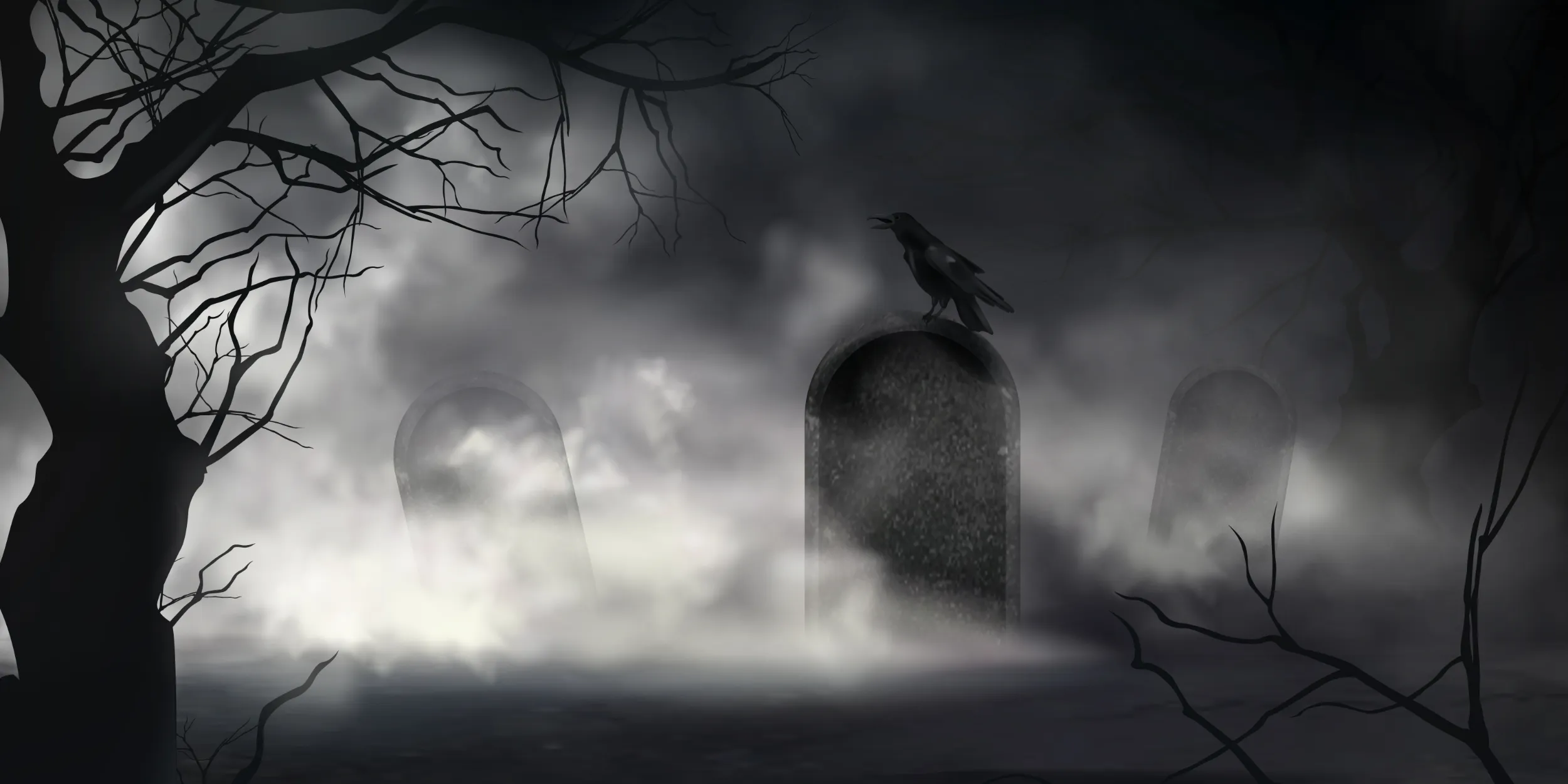 Image of tombstone in cemetery during a foggy night.
