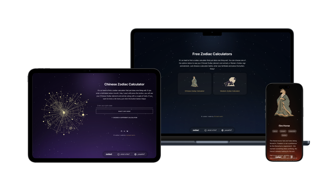 Zodiac calculator and results page seen on a Macbook Air, iPad Pro 11 and iPhone 16 Pro.