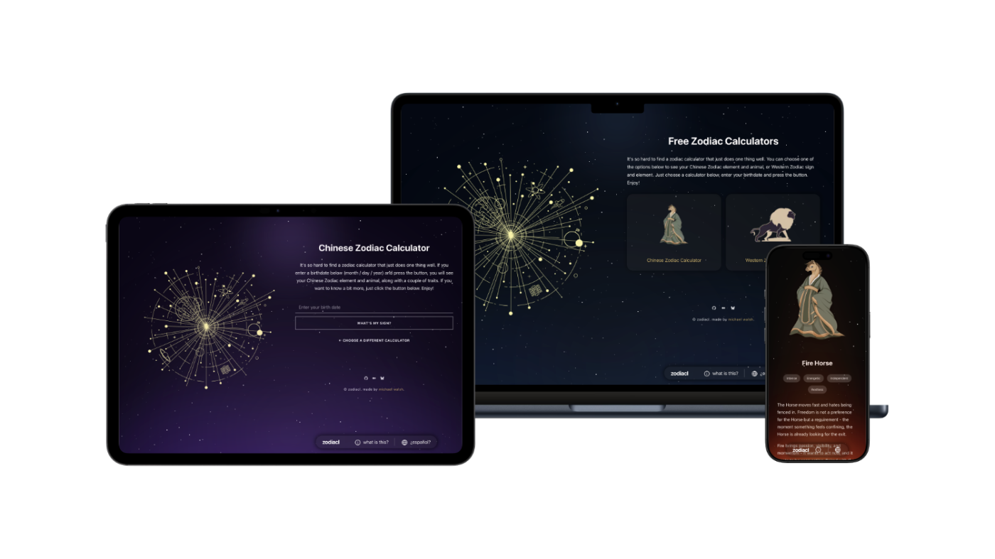Zodiac calculator and results page seen on a Macbook Air, iPad Pro 11 and iPhone 16 Pro.