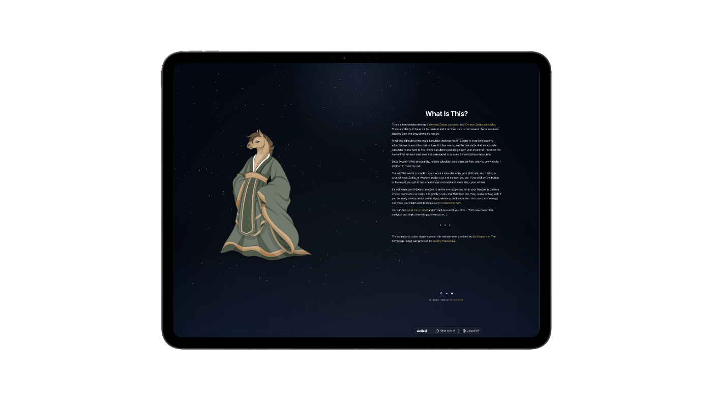 View of zodiac calculator as seen on an iPad