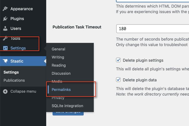 WordPress admin screen showing location of Permalinks