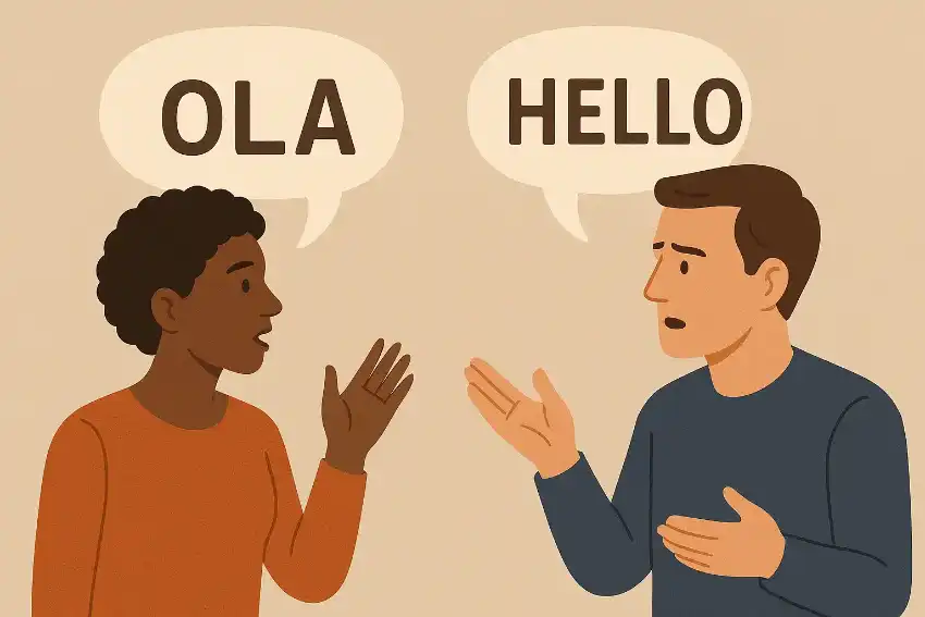 Cartoon of Portuguese and English speakers.
