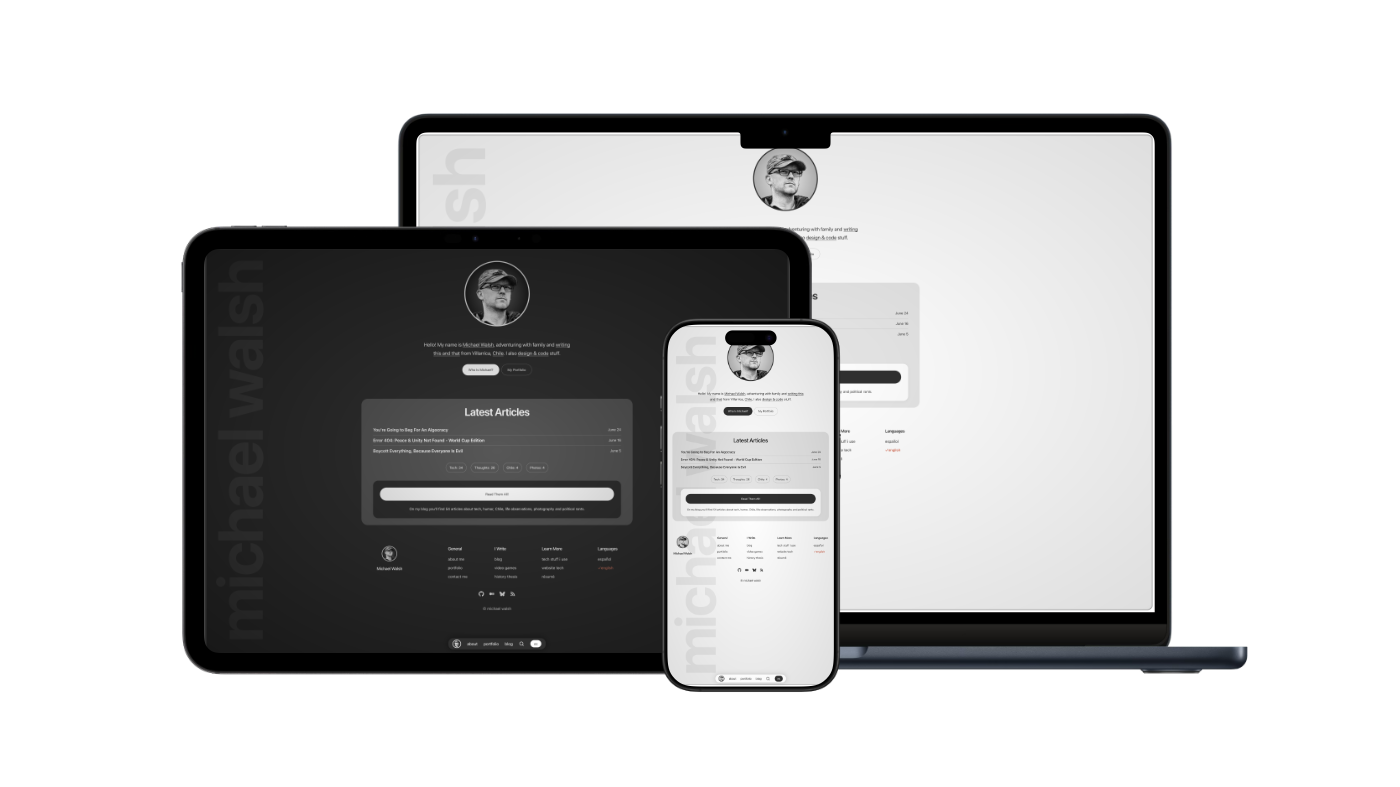 Homepage of my website on a MacBook Air, iPad and iPhone